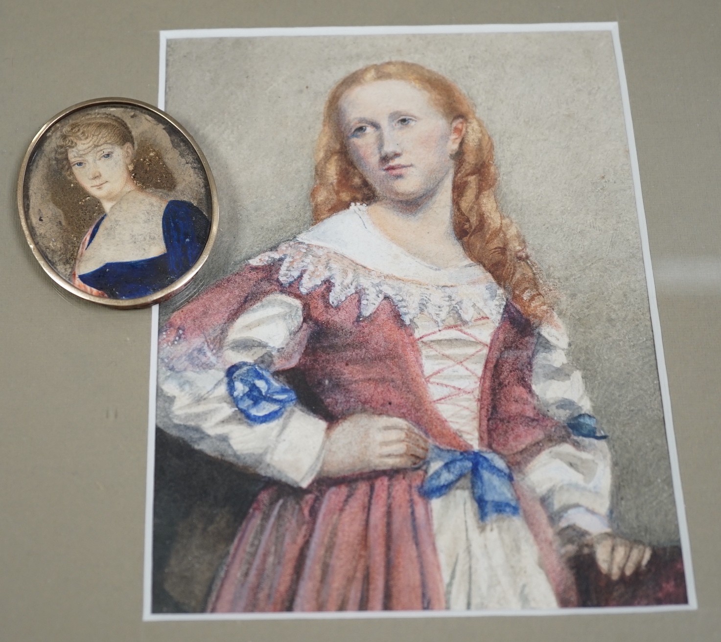 English school late 19th century, watercolour of a redheaded girl and a portrait miniature on card